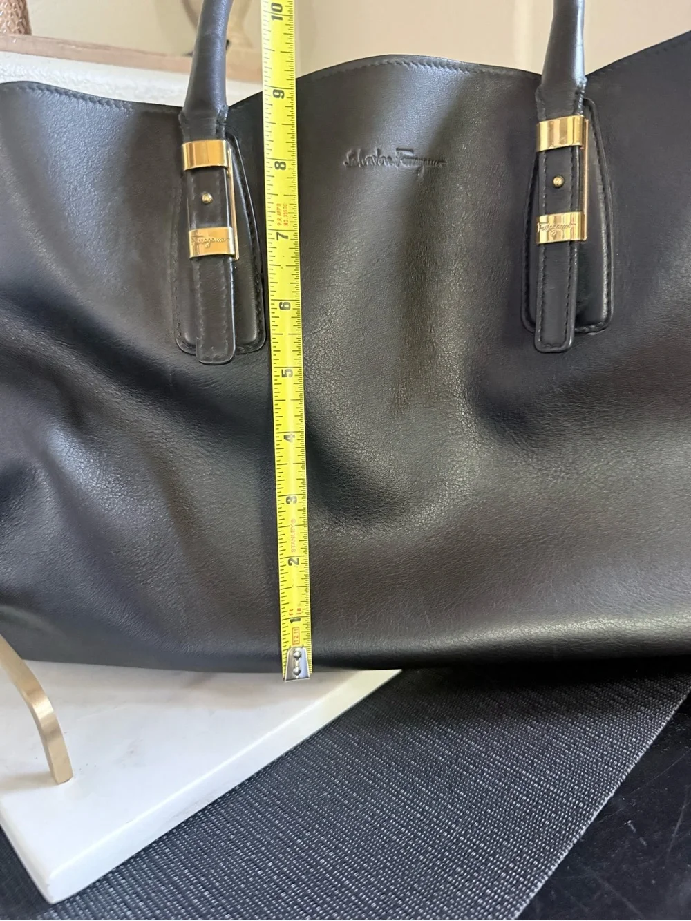 Authentic Salvatore Ferragamo Vintage Black Embossed Leather Large Bag